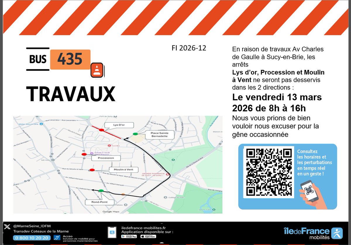 MarneSeine_IDFM's tweet photo. ⚠️#InfoTrafic #Travaux #Bus435
🗓️Vendredi 13 mars de 8h à 16h
🚧En raison de travaux Avenue Charles de Gaulle sur la commune de Sucy-en-Brie
🚏Les arrêts : Lys d'or, Procession et Moulin à Vent ne sont pas desservis dans les deux directions. https://t.co/AKi2cc2xNP