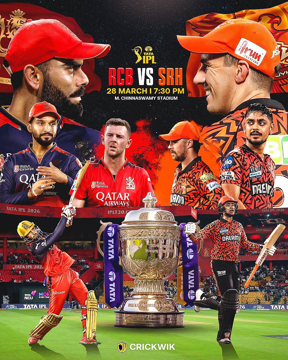 crickwik's tweet photo. 🚨 𝐂𝐫𝐢𝐜𝐤𝐞𝐭’𝐬 𝐆𝐫𝐚𝐧𝐝 𝐂𝐚𝐫𝐧𝐢𝐯𝐚𝐥 𝐑𝐞𝐭𝐮𝐫𝐧𝐬. 💥🏆

The grand stage of the Indian Premier League 2026 opens with an electrifying clash as Royal Challengers Bengaluru face Sunrisers Hyderabad in Bengaluru. ⚡🤩🏟️

#ipl #RCBvsSRH #ipl2026 #RCB #SRH #cricket https://t.co/onS3w5JwGF