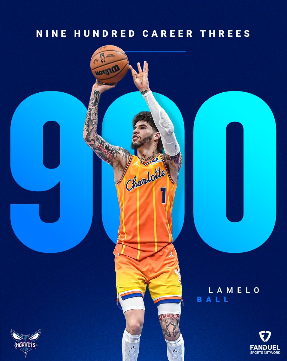 FDSN_Hornets's tweet photo. No player in NBA history has made 900 three-pointers faster than LaMelo Ball. 🔥

#HiveMentality | @hornets https://t.co/GamNY08R4A