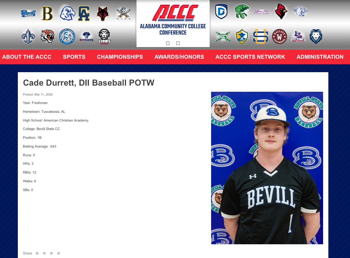 BevillBaseball's tweet image. ⚾ ACCC POTW
Congratulations to Cade Durrett for being named ACCC Player of the Week.
Durrett continues to make an impact at the plate and help lead the Bears this season. We are proud to see his hard work recognized across the conference.
acccathletics.com/aotw_GT/Cade_D…
#GoBears 🐻⚾