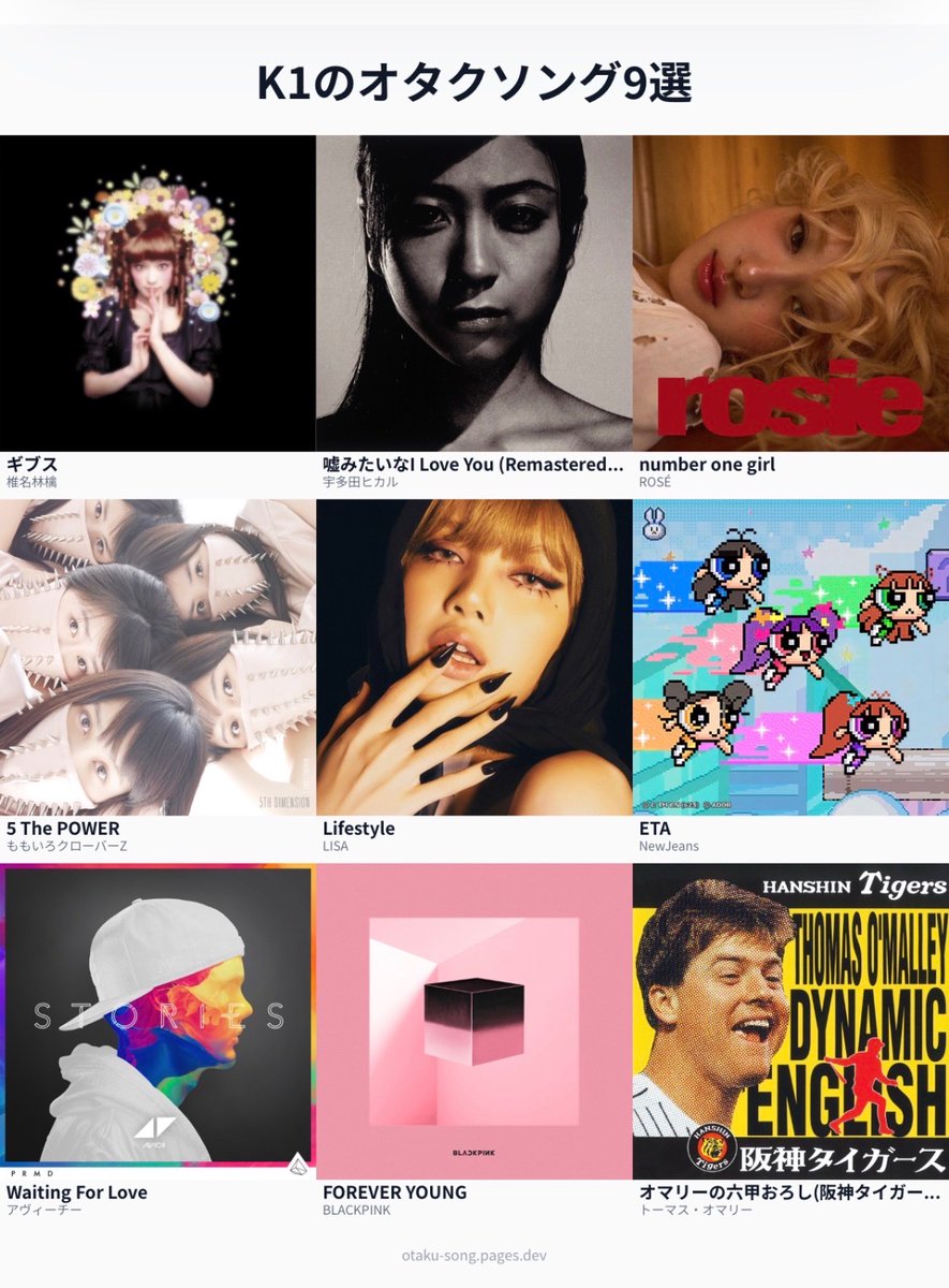 K1のオタクソング9選 #俺のオタクソング9選
otaku-song.pages.dev/share/jbp7gb5i