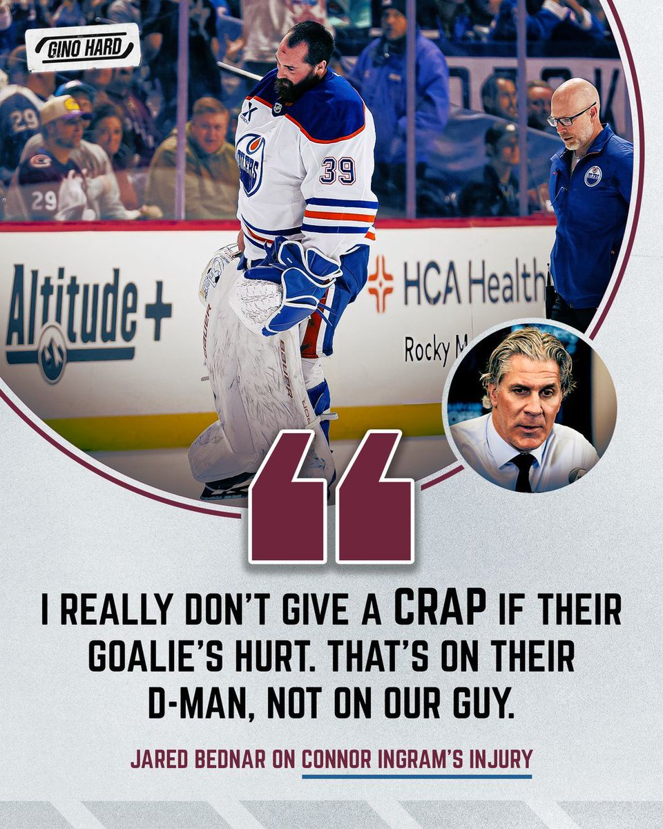 GinoHard_'s tweet image. Avalanche coach Jared Bednar is putting the blame for Connor Ingram’s injury on Darnell Nurse, not Nathan MacKinnon 😳🫣