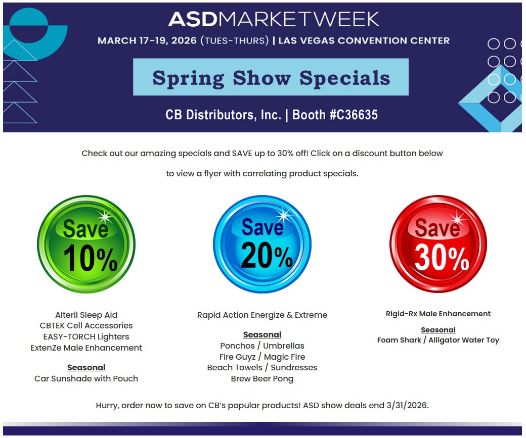 cb_distributors's tweet photo. 💰 SAVE BIG - up to 30% off amazing ASD Show Specials!

✔️CBTEK Premium Cell Accessories
✔️Alteril, ️Extenze &amp; Rigid-Rx Supplements
✔️Rapid Action Energize &amp; Extreme
✔️Seasonal Items
✔️Easy-Torch Lighters

Hurry, show deals end March 31st!👉
https://t.co/gs4NHcQxTT #ASDspecials https://t.co/evDS74vgJr