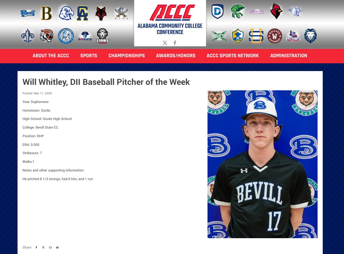 BevillBaseball's tweet image. ⚾ ACCC Pitcher of the Week
Congrats to Will Whitley on being named ACCC Pitcher of the Week for Bevill State Baseball.
🔗 acccathletics.com/aotw_GT/Will_W…
#GoBears 🐻⚾