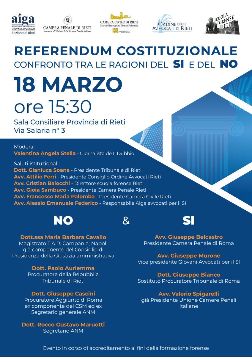 FMPalomba's tweet photo. 18 marzo 2026 ore 15.30 Referendum Giustizia
*Le Ragioni del Sì &amp; del No*
Sala Consiliare della Provincia di Rieti (via Salaria n. 3)

 Evento organizzato dalla Camera Penale di Rieti, Aiga Rieti, Camera Civile di Rieti, Scuola Forense e COA di Rieti

#referendum #giustizia https://t.co/41RG2EjQPE