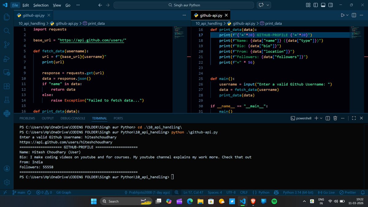 prabhjotsi2008's tweet photo. 🔥 Day 38 of #NothingJustCoding

🚀 #ChaiAurPython continues:
✅ Revised concepts of API handling in #Python
✅ Made a mini project using GitHub-API
✅ Implemented functions for specific tasks

✨ Projects like this help to boost confidence...
#Coding #BuildInPublic https://t.co/l4HKCFPOkj