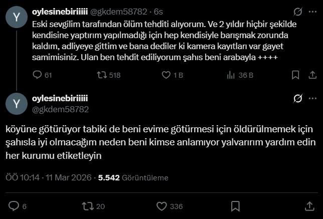 Bir kadın, sosyal medya üzerinden yardım çağrısında bulundu.

Paylaşımında eski sevgilisi tarafından ölümle tehdit edildiğini iddia eden kadın, 2 yıldır şikâyetlerine rağmen herhangi bir yaptırım uygulanmadığını öne sürdü. Kadın, “Yalvarırım yardım edin, her kurumu etiketleyin”
