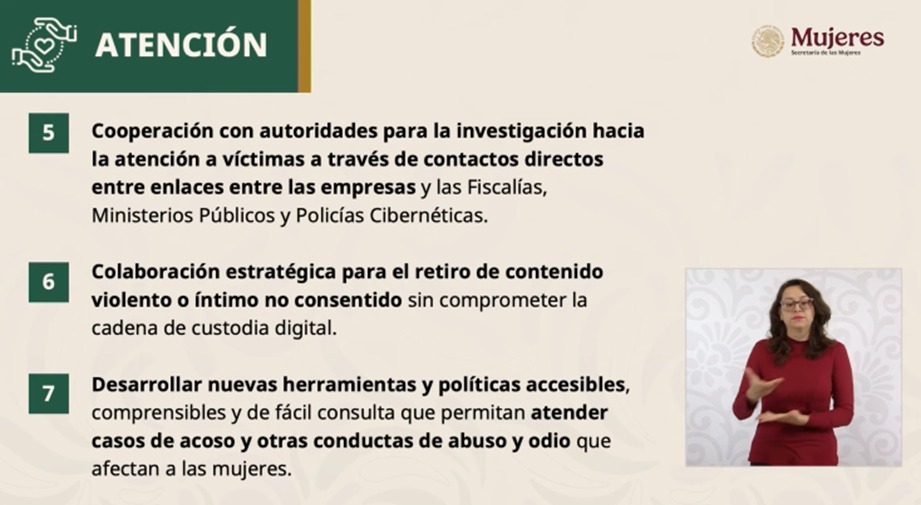 Para prevenir y atender la violencia vs. las mujeres en las redes digitales, la presidenta <a href="/Claudiashein/">Claudia Sheinbaum Pardo</a> anunció un acuerdo con las plataformas para incluir 9 acciones de prevención y 8 acciones de atención para garantizar una vida libre de violencias en el espacio digital.