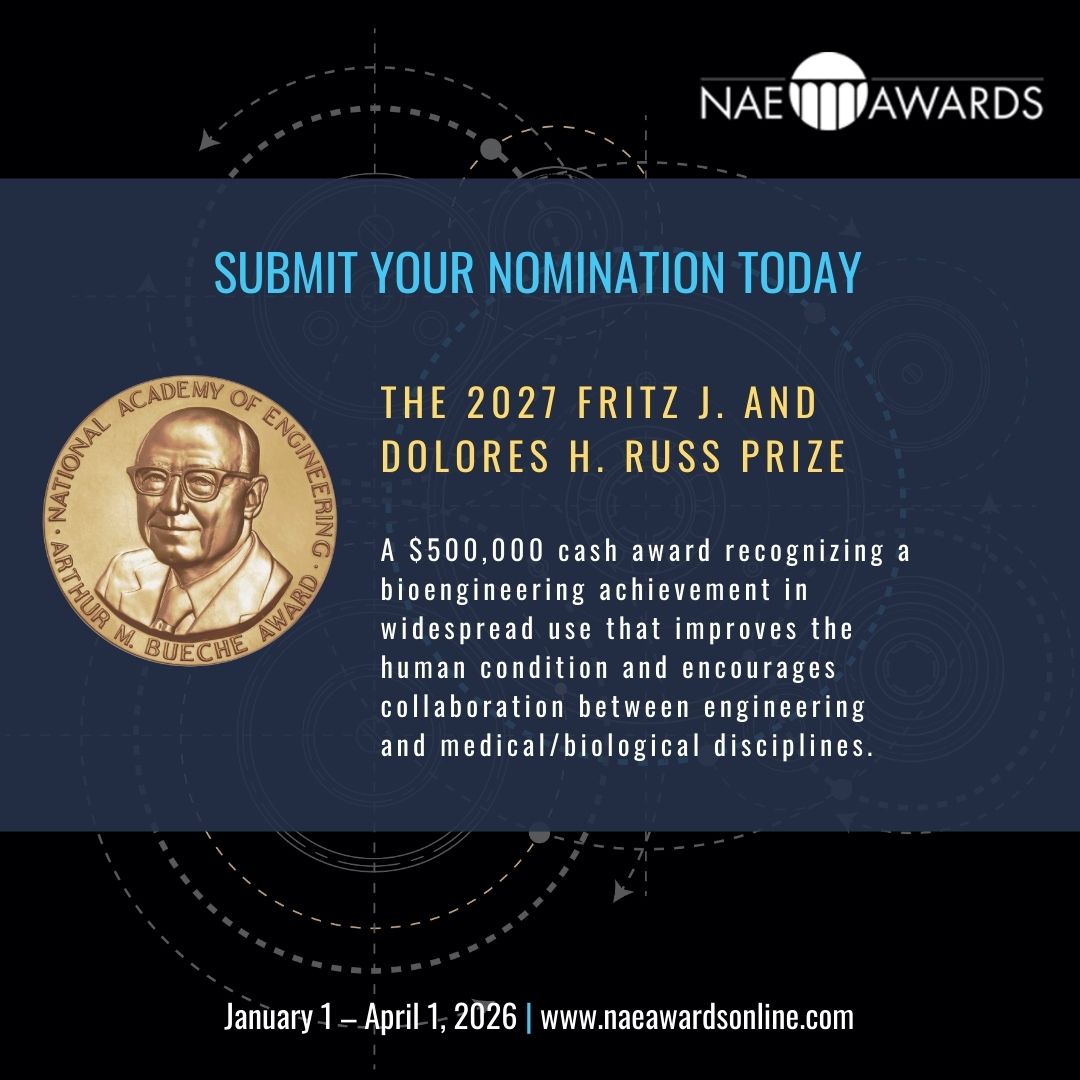 NAE_Awards's tweet photo. The Russ Prize honors bioengineering innovations in widespread use that improve the human condition. Established in 1999, this biennial $500,000 award celebrates breakthroughs advancing health and quality of life. 

Nominate today: https://t.co/hImrPL456X

#NAEAwards https://t.co/BU7Ipw6RYW