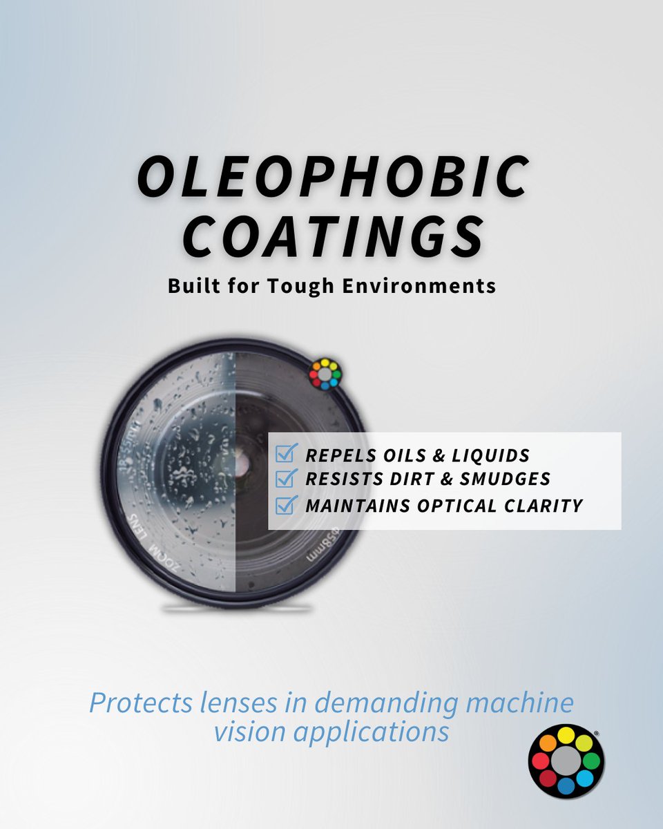 MidwestOptical's tweet photo. Built for tough environments.

MidOpt® oleophobic coatings repel oils, dirt, and liquids, helping protect lenses and maintain clarity in demanding machine vision applications.

 #MachineVision #Optics #Imaging #Engineering #MidOpt #LightPipes #Custom Optics https://t.co/PdGyAELdXv