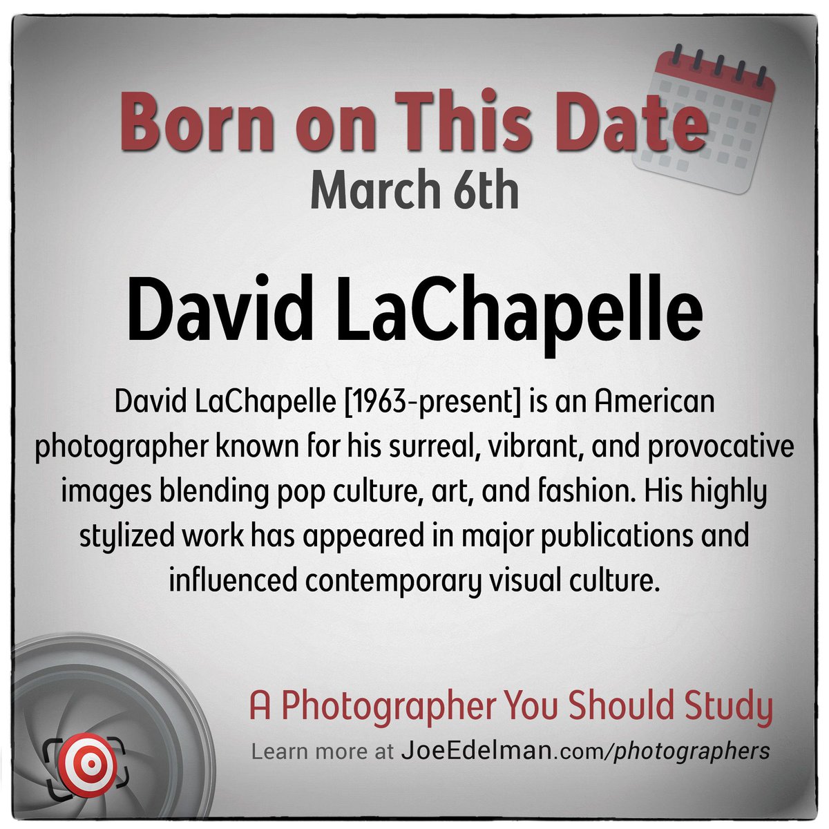 American photographer David LaChapelle was born in Fairfield, Connecticut on this date (3/11) in 1963.

➡️ Learn more about him and view his work at: joeedelman.com/david-lachapel…

#Photography #BornOnThisDay #photographertostudy