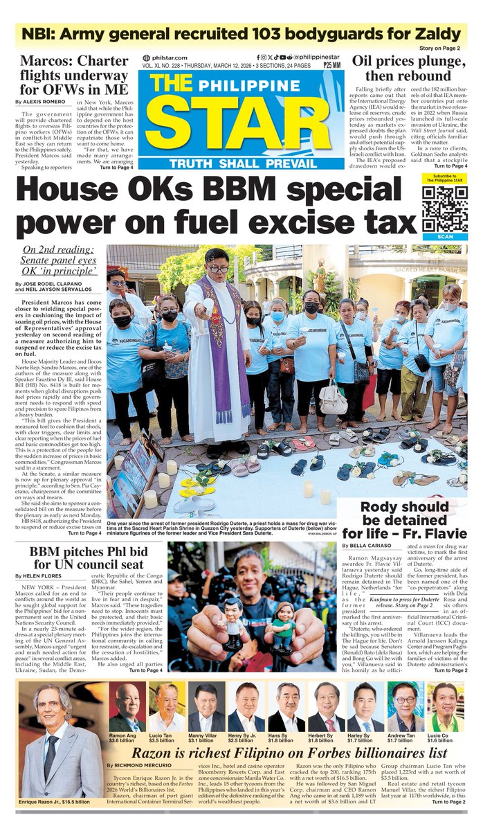 Today's front page, Thursday, March 12, 2026
Subscribe to the paper: philstarsubscribe.com

Subscribe to our social media channels:
Facebook: facebook.com/PhilippineSTAR
X (Twitter): x.com/PhilippineStar
Instagram: instagram.com/philippinestar
TikTok: tiktok.com/@philippinestar
Reddit: