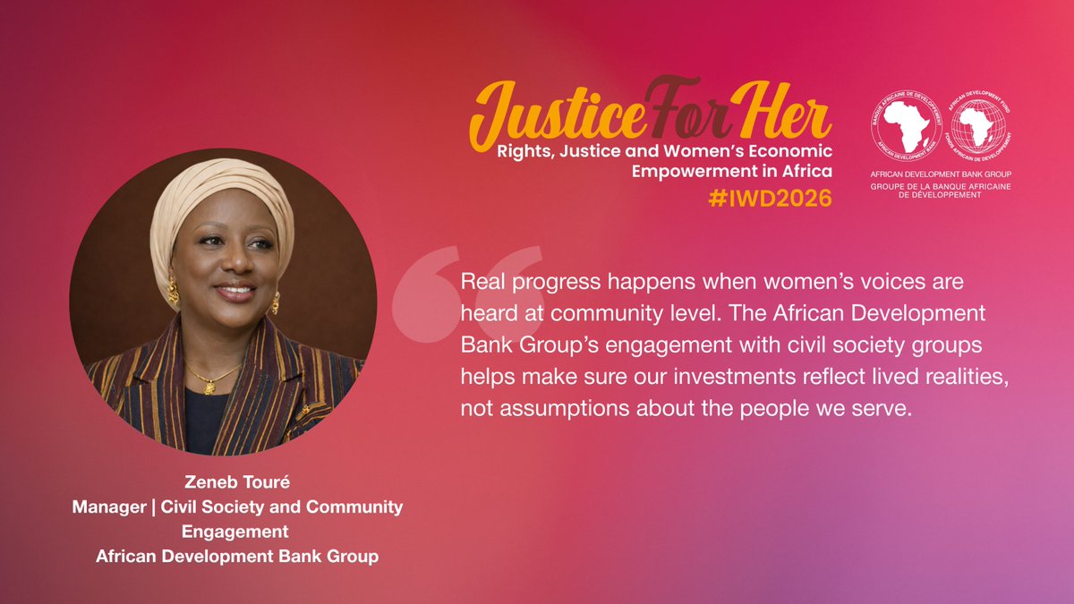 AfDB_Group's tweet photo. The @AfDB_Group has been working with women civil society groups that are active in communities, Zeneb Touré, Manager for Civil Society and Community Engagement, African Development Bank Group, tells us. #IWD2026 https://t.co/q3gQ7e4O6g