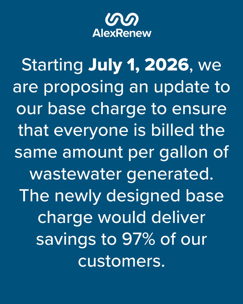 AlexandriaRenew's tweet image. Attention AlexRenew customers: a proposed update to our base charge ensures everyone is billed the same amount per gallon of wastewater generated, delivering savings to 97% of our customers. See the link in bio for more info.  
#alexrenew #customers #wastewatertreatment