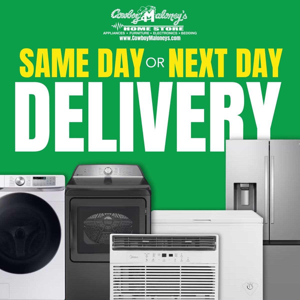 CowboyMaloneyMS's tweet image. Looking for something new in a hurry?

We offer same-day or next-day delivery—and we’ll haul away your old one for free. Fast, easy, and local. That’s how we do it at Cowboy Maloney’s. Visit us today!

#HomeStore #HomeUpgrade #ShopLocal #HomeEssentials #NewAppliances #Savings
