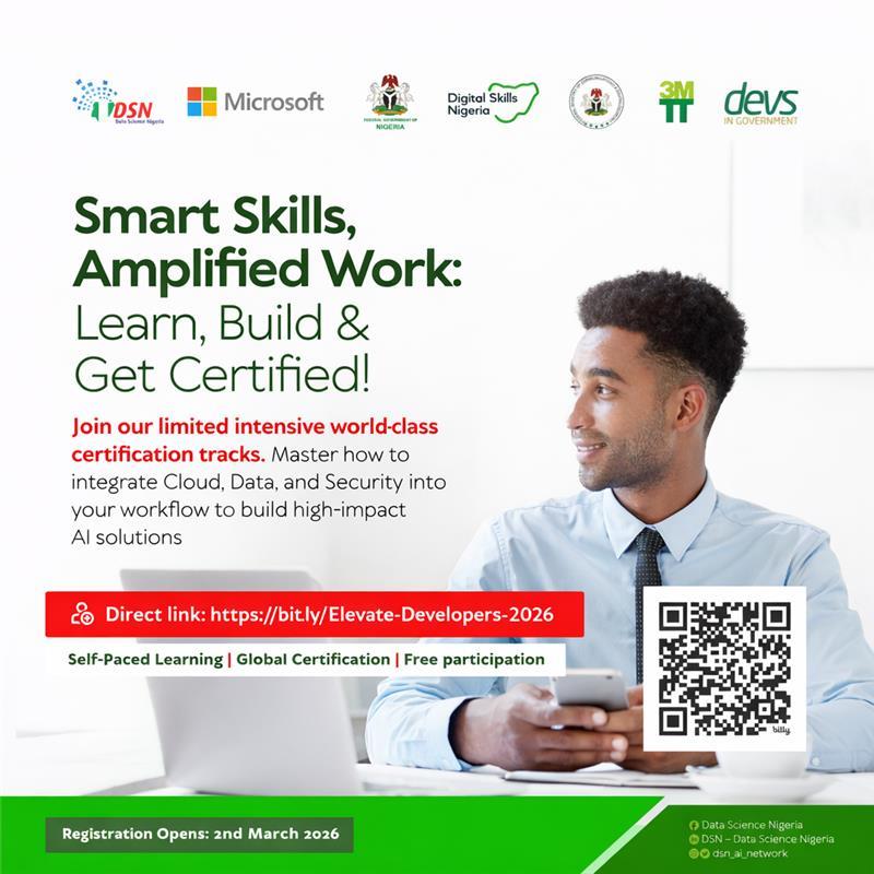 dsn_ai_network's tweet photo. AI is no longer a future skill. It is the language of building, decision-making, and modern careers.

For developers, the real question now is simple: 
Will you build with AI or watch others lead the shift?
Applications are now open for Cohort 1 of the Microsoft Elevate AI Developers 2026 Programme — delivered by @Microsoft in collaboration with Data Science Nigeria (@dsn_ai_network) and the 3 Million Technical Talent Programme (@3MTTNigeria).

In just 4 weeks, you will: 
• Build practical AI-powered applications 
• Apply modern AI tools to real-world problems 
• Create solutions with measurable impact 
• Earn industry-recognized certifications

This is not just another course. 
It is a focused pathway for developers ready to move from learning AI to building with it.
Cohort 1 is now open. Limited seats available.
Apply now: https://t.co/WPhLu8IRyr

#datasciencenigeria #DSNxMicrosoft #MicrosoftDevProgram