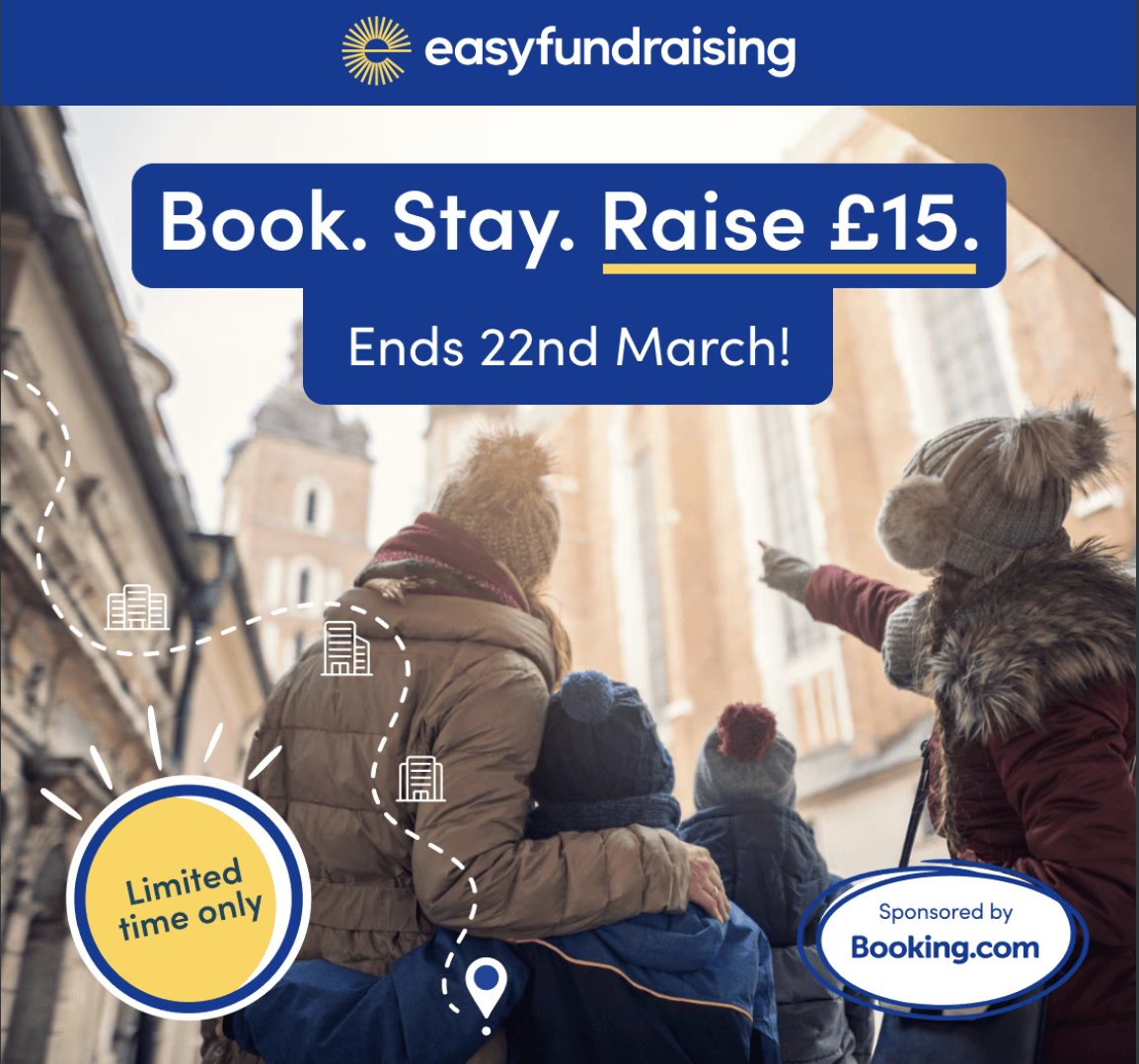 Planning a spring break?
Book accommodation via Booking.com on Easyfundraising before 22 March and raise a £15 bonus donation for us.
You pay the same price.
Retailers donate.
Easy way to support local wellbeing.
bit.ly/3NqGf6x

#SupportLocal #Easyfundraising