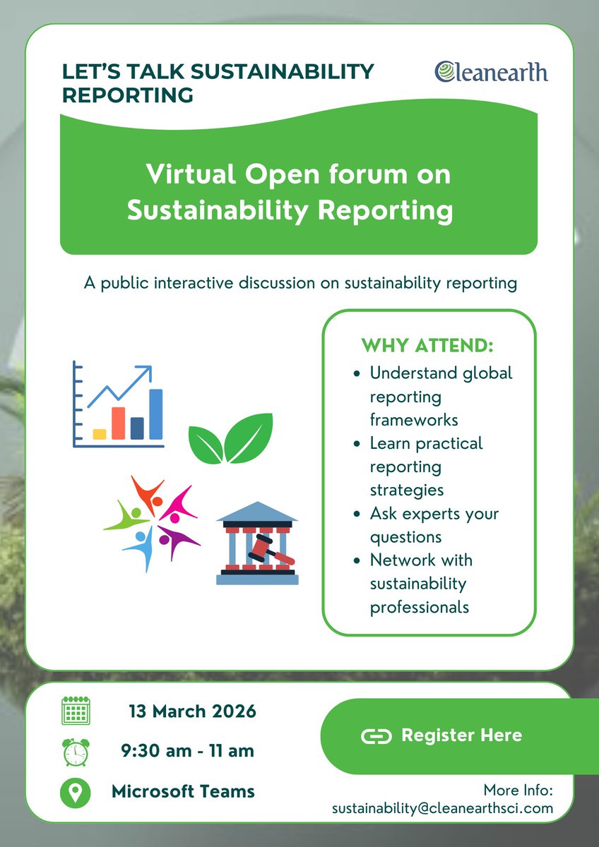 How prepared is your organization for sustainability reporting?

Join Cleanearth’s Virtual Open Forum on Sustainability Reporting

📅 19 March 2026
⏰2:30 PM – 4:30 PM
💻Microsoft Teams

🔗 Register here: bit.ly/3Ntxjxb

#Sustainability #ESG