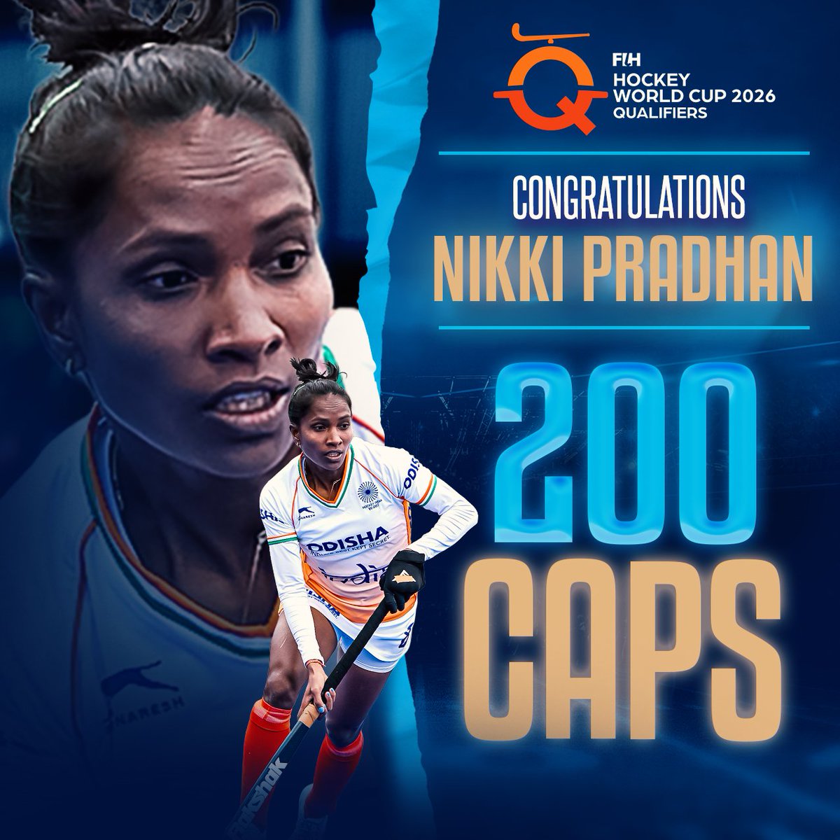 FIH_Hockey's tweet photo. Congratulations Nikki Pradhan! ๐ฏ ๐ฏ ๐ฎ๐ณ
Hearty congratulations to Nikki Pradhan on completing 200 international appearances for India as they take on Wales in the FIH Hockey World Cup Qualifiers in Hyderabad today! ๐
#Milestone #200Caps https://t.co/vx9QPtRmBb
