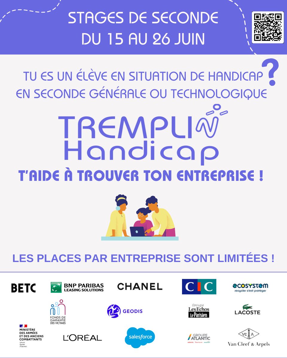 TREMPLIN_HANDI's tweet image. 📣Tu es en seconde générale ou technologique et en situation de #handicap ?
🔎Tu recherches ton #stage obligatoire du 15 au 26 juin ?
✅ TREMPLIN Handicap t'aide à le trouver !
🤝Nos partenaires t'ouvrent leurs portes !
👉 Inscris toi vite : forms.office.com/e/mzW3k6v43d