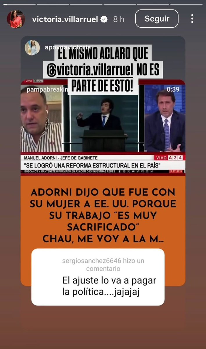 “EL AJUSTE LO PAGA LA POLÍTICA, JAJA”, EL POSTEO CONTRA ADORNI QUE COMPARTIÓ VILLARRUEL

La vicepresidenta compartió en sus redes sociales un posteo crítico contra el jefe de Gabinete, Manuel Adorni, en medio de la polémica por el viaje de su esposa en la comitiva oficial que