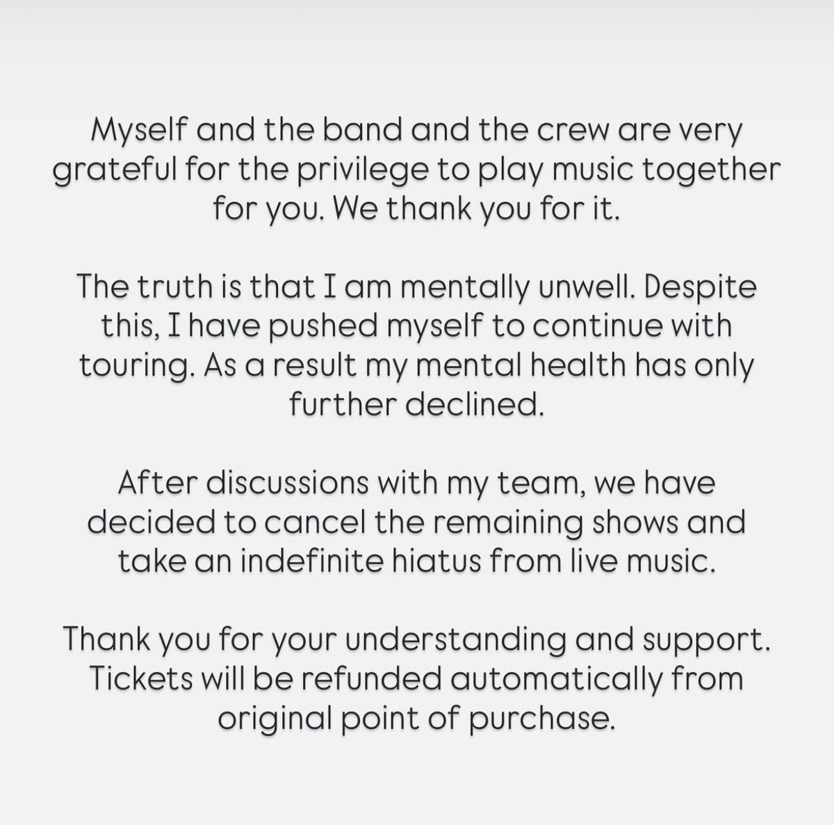 CountryChord's tweet image. “I am mentally unwell.”

Colter Wall cancels all remaining tour dates to focus on his mental health.