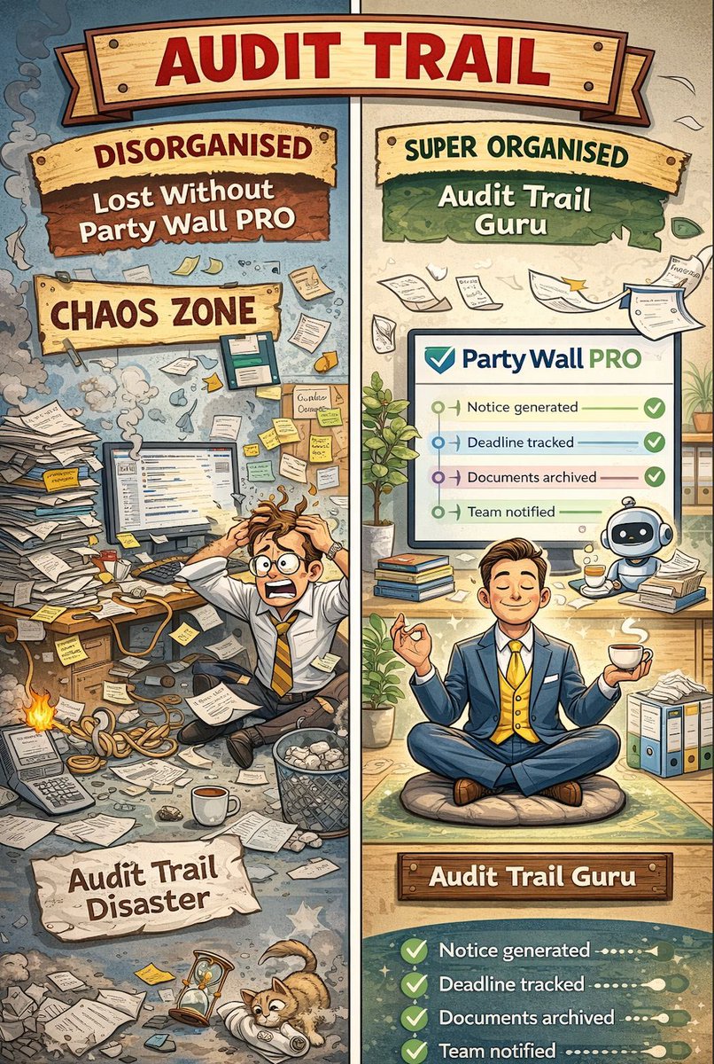 partywallpro's tweet photo. In a dispute, your "recollection" doesn't matter. The audit trail does. ⚖️
Log into Party Wall PRO and know that every document is timestamped and securely archived. If an owner or a court ever asks for an audit trail you can pull it up in three clicks.

https://t.co/XHjx63qA3g https://t.co/6mM7WQzFrE