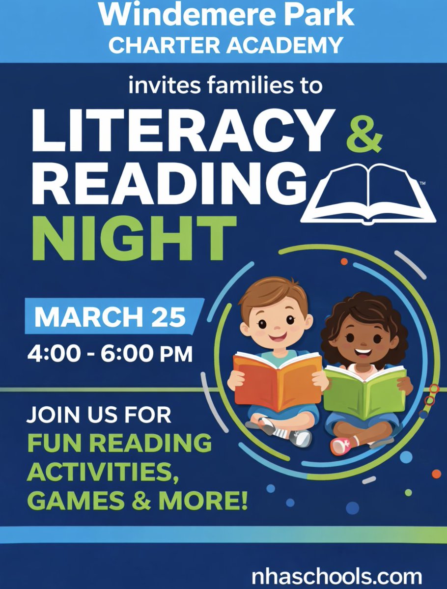 WindemereParkCA's tweet image. Join us for a fun Literacy &amp;amp; Reading Night at Windemere Park Charter Academy on March 25 from 4pm-6pm. Bring the family, celebrate the joy of reading, and enjoy a great evening together. don't forget to RSVP here: nhal.ink/4uvnZtx
#WPCA #ReadingNight #FamilyLiteracy
