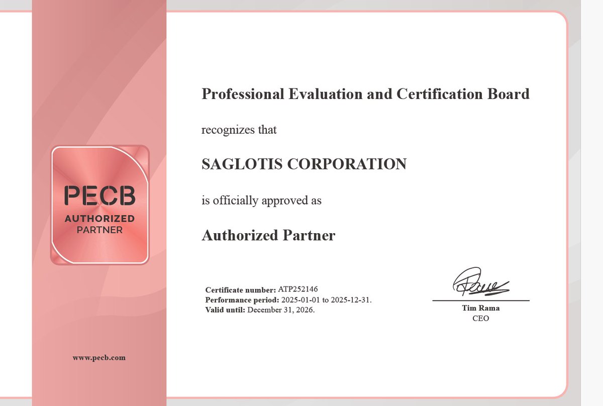 🎉 Grande annonce !

Nous sommes fiers d’annoncer que SAGLOTIS CORPORATION a officiellement été reconnue comme partenaire autorisé de PECB (Authorized Partner).

L’année 2025 a marqué le scellement de notre partenariat, notamment par la signature du contrat de partenariat et