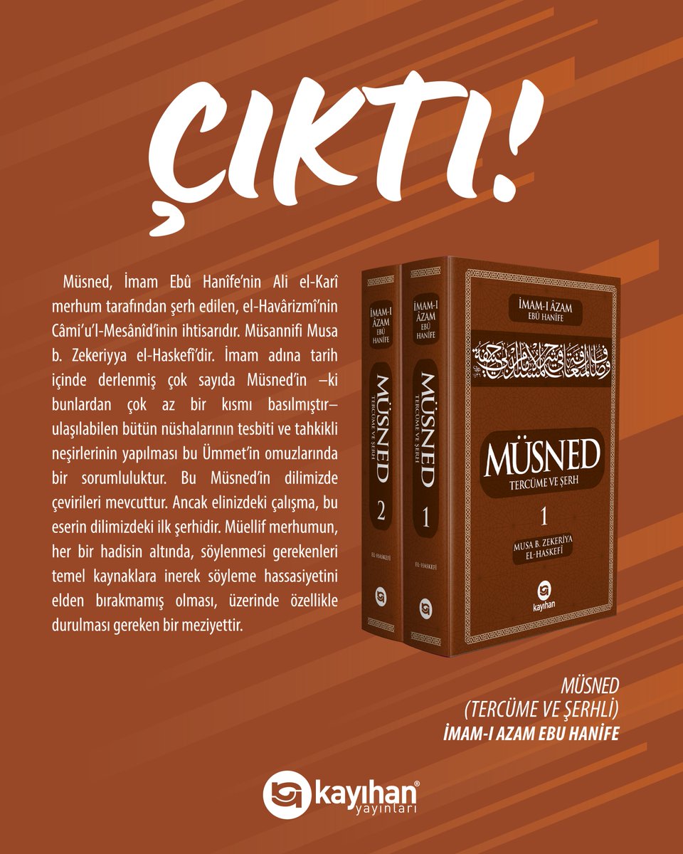 kayihankitap's tweet photo. Kaynak Eserlerimiz ÇIKTI!
Çıkan hadis kitaplarımız:
Muvatta - İmam Malik
Müsned - İmam Ebu Hanife
Ahkam Hadisleri - İmam Ebu Hanife
El-Asar - İmam Muhammed
Kitabu'l Asar - İmam Ebu Yusuf
Daha fazla bilgi için: https://t.co/f3NLdmuh01 https://t.co/zRChgsqpJf