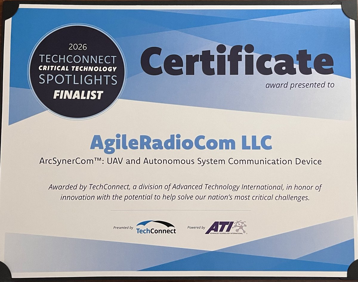 Agileradiocom's tweet photo. Grateful for the recognition and excited to continue advancing resilient communications for autonomous systems.

TechConnect World Innovation Conference &amp; Expo @sisay2011 ATI | Advanced Technology International  

#TechConnect #ATI #UAV #Innovation #Autonomous https://t.co/iFTBeUZTA5