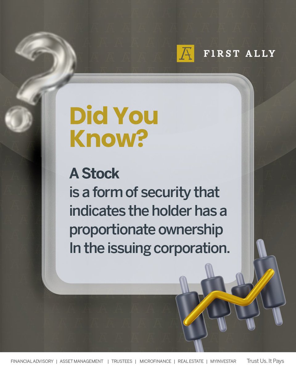 First_Ally's tweet image. As a new investor, stock or shares is a word you might have heard often.

When you purchase stock or shares in a company, it simply means you’re buying a tiny bit of ownership in the firm and entitles you to a share of the company’s
profits when declared

#Firstally #Investing101