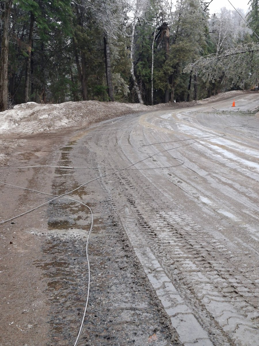 KMacTWN's tweet photo. Hydro wires are down and trees bending south of Bancroft, On. (Limerick) Not surprisingly power is out as of 9am. Courtesy of Mayor K. Carson. 
 #icestorm #Onstorm https://t.co/5o1TtcSgFx