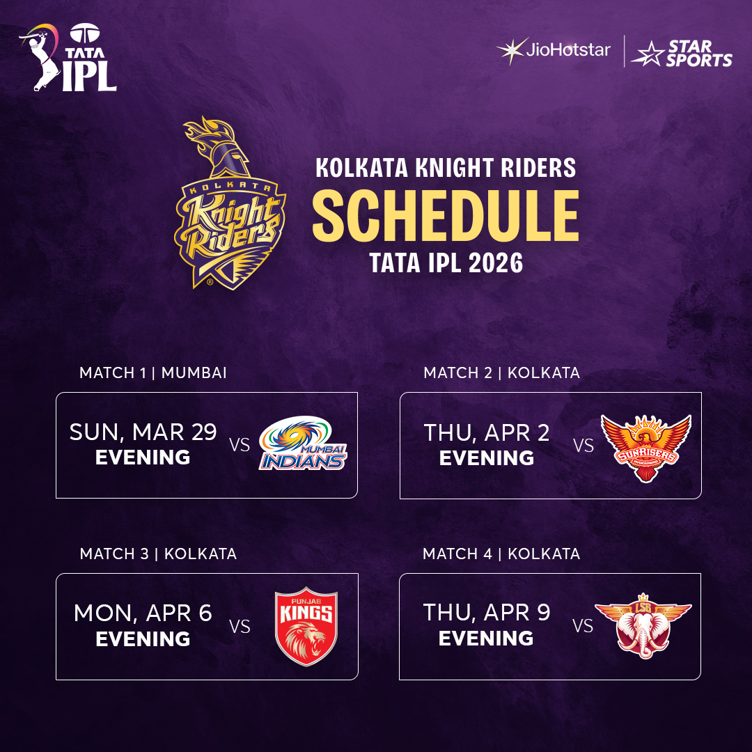 StarSportsIndia's tweet photo. The 3-time champions @KKRiders are back for another thrilling ride in #TATAIPL 2026. 💜💛

#TATAIPLSchedule is out! LIVE NOW 👉 https://t.co/luYGNu69Ha https://t.co/zoh7FRNagX