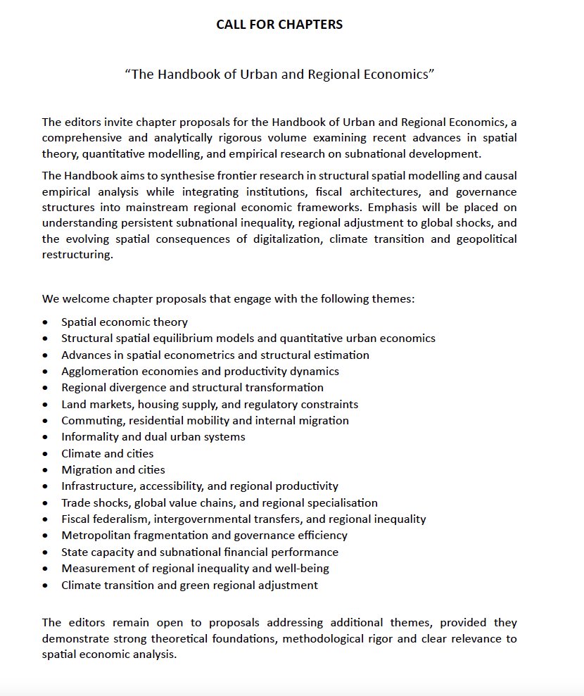 AlejandraTrejoN's tweet photo. 📢 Call for Chapters
Invitamos propuestas para el Handbook of Urban and Regional Economics.
🗓️ Envío de propuestas: con fecha límite del 30 de abril
📄 Más información:
https://t.co/TTUCnEPkZO
#UrbanEconomics #RegionalEconomics #CallForChapters https://t.co/mSdE5tZe9P