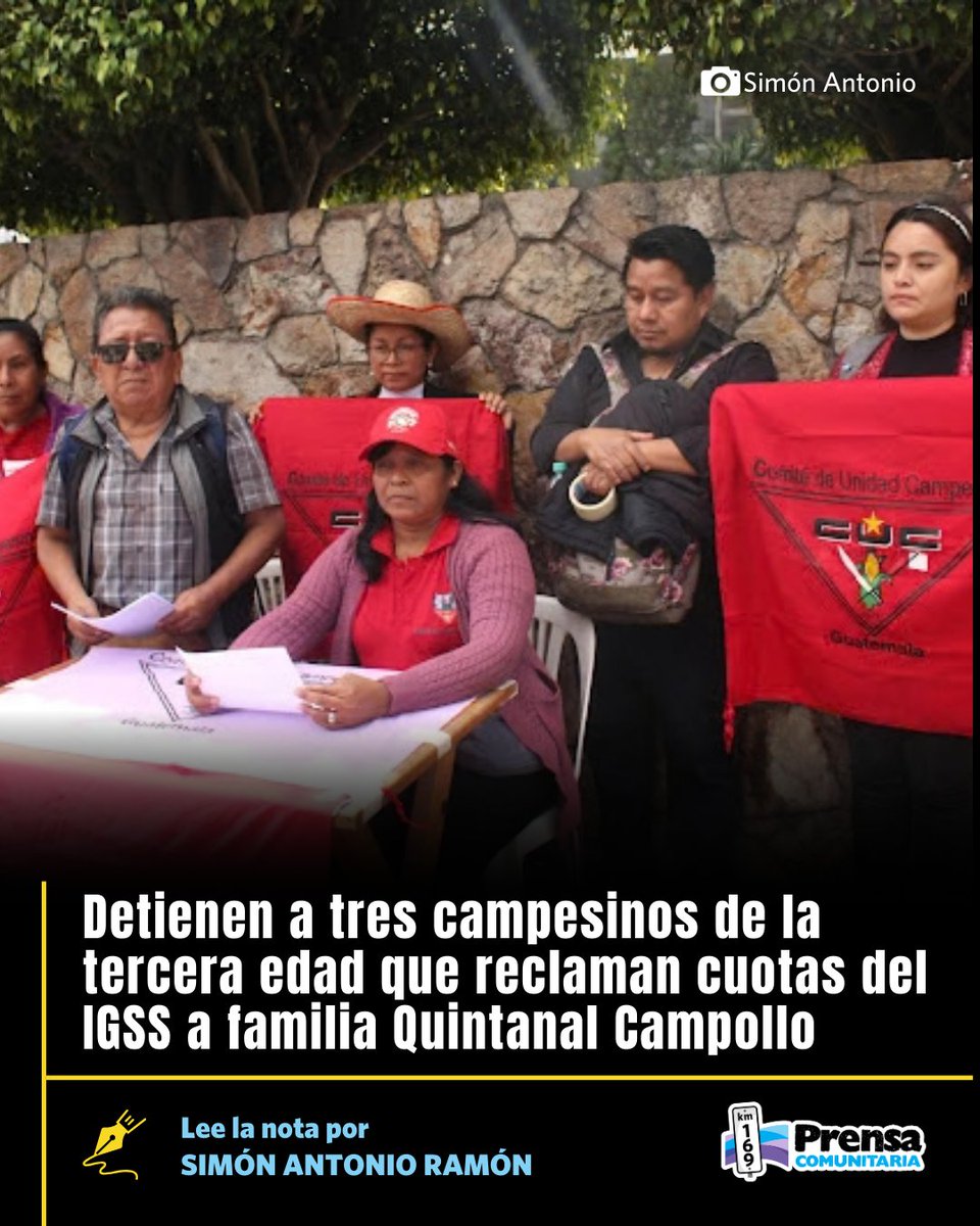 El CUC denunció la detención de tres campesinos que exigían cuotas del IGSS a propietarios de finca.

Las detenciones se realizaron el 2 de marzo en Coatepeque, Quetzaltenango.

prensacomunitaria.org/2026/03/detien…