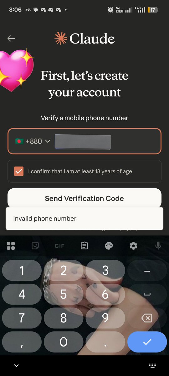 OAnthophile's tweet photo. @claudeai it says, invalid phone number but it isn't! Idk why I am not being able to create an account please help cuZ I wanna throw away that gpt ai app which supports war crimes and switch to Claude cuz you said no to supporting war crimes. So please help me out 🥲.... https://t.co/yJ0cZ6BwKU