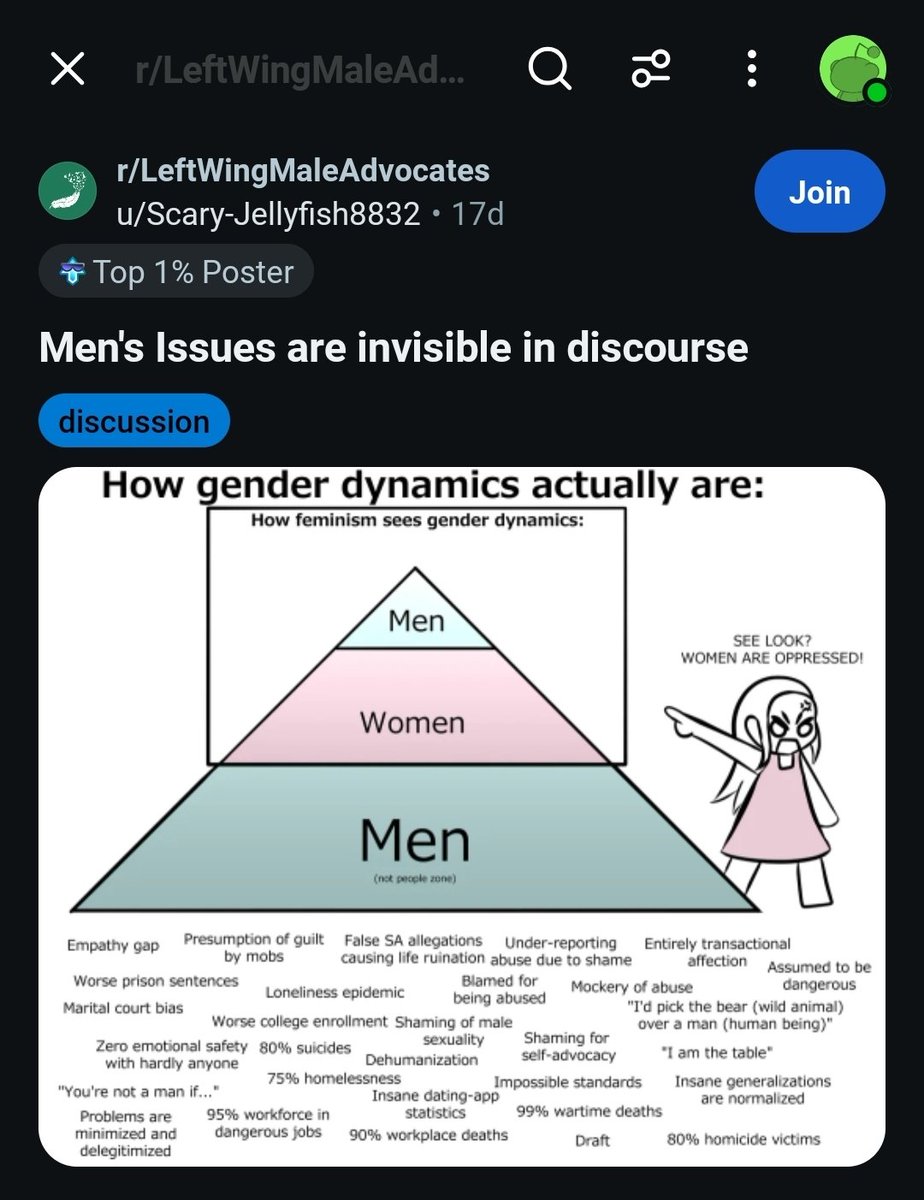 Brickybug's tweet image. Recently found out about the "r/leftwingmaleadvocates" subreddit and this was the 5th highest rated post