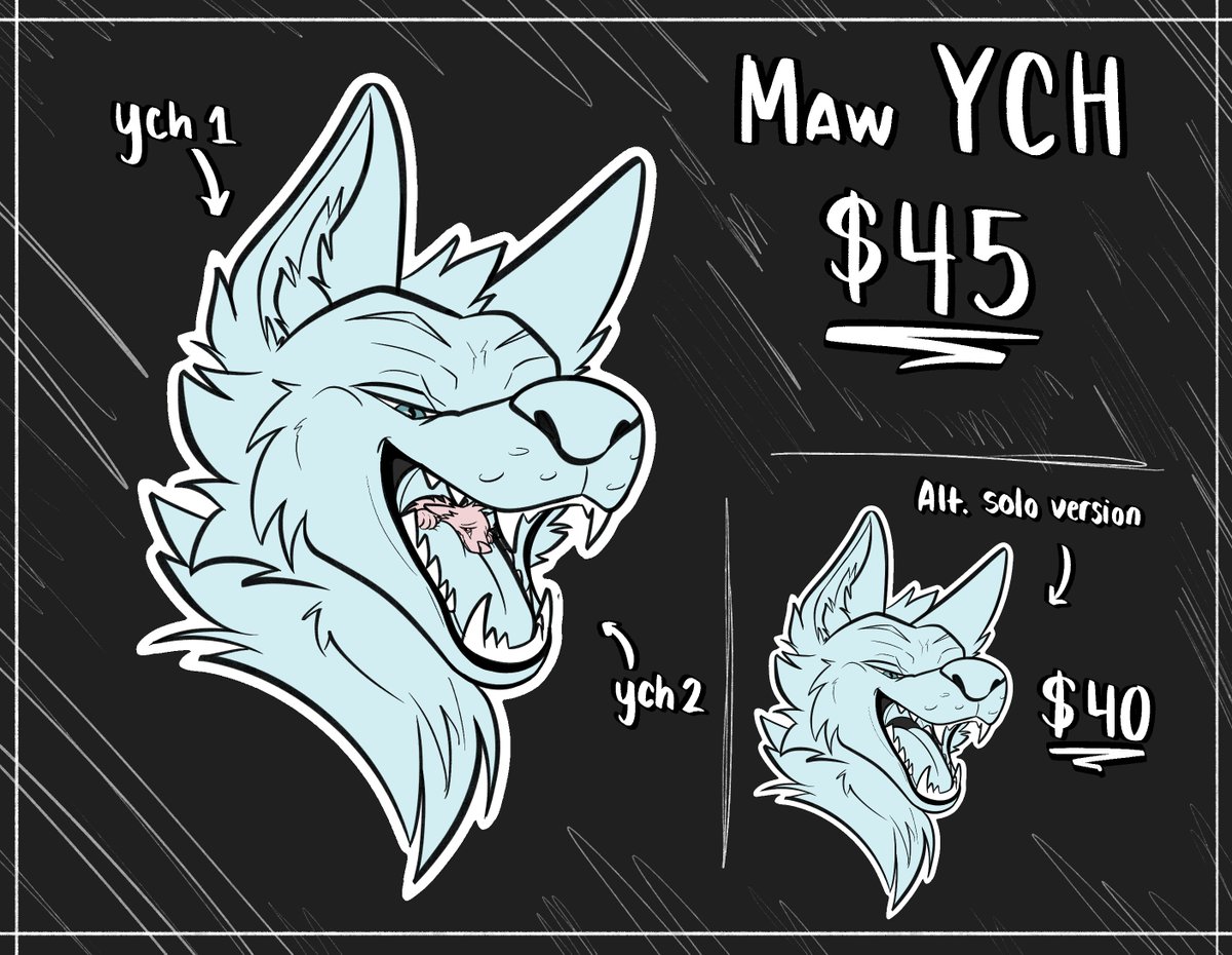 Mmmm... Maws....

4⃣5⃣️ both slots / 4⃣0️⃣ solo

Can be a telegram sticker / Any Species / Comment or DM if interested!

#furry #YCH #furryYCH #maws #vore #MacroMarch