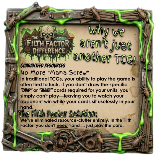 FilthFactorTCG's tweet photo. Most TCGs are about who can spend the most money to play the biggest card the fastest. Filth Factor: Domination throws that out the window and replaces it with the Alpha Sequence—a set of mechanics designed for tactical depth, positional warfare, and cinematic stalemates. https://t.co/Wyan3XJYpP