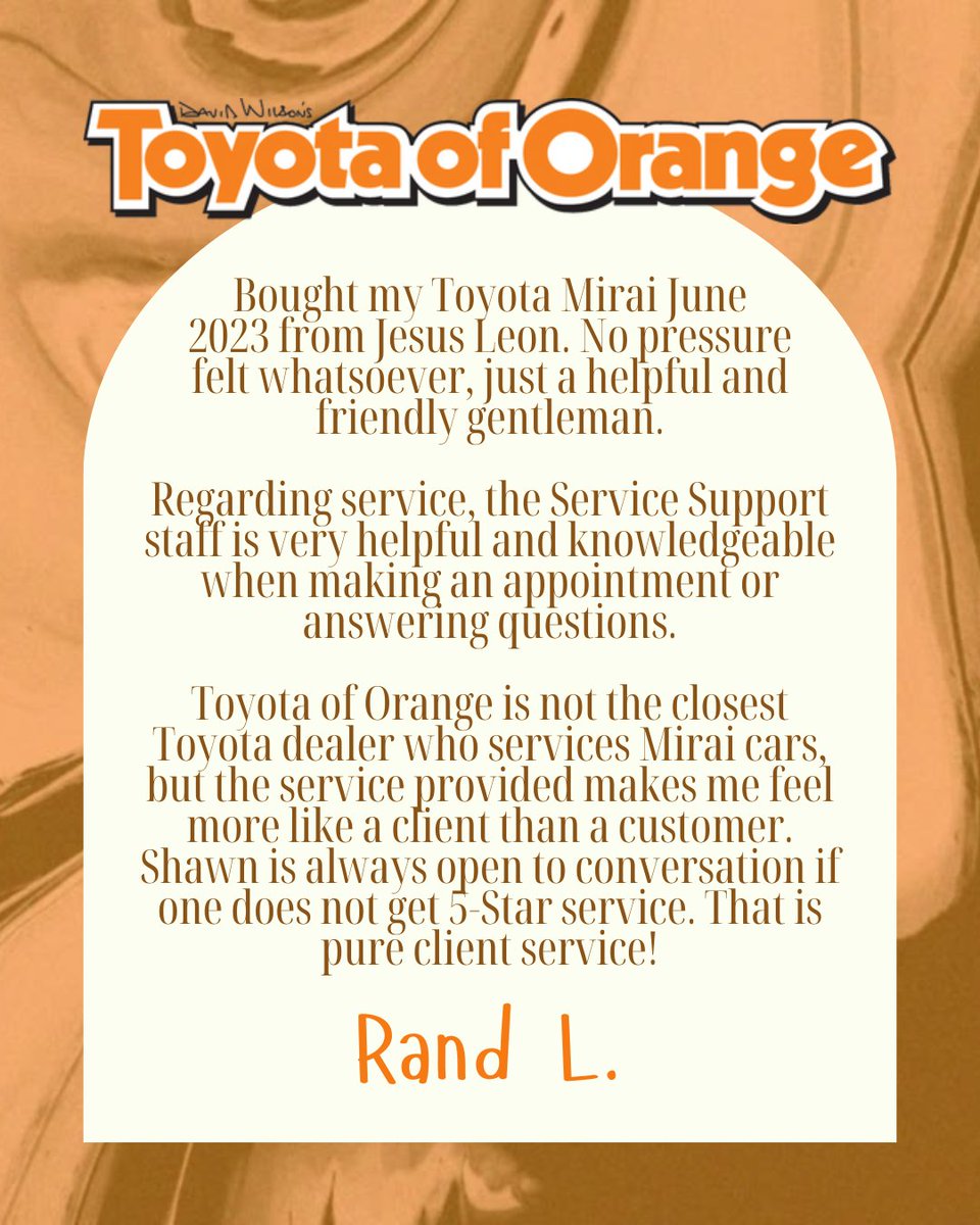 ToyotaOfOrange's tweet image. Thank you, Rand, for the 5-star review! ⭐⭐⭐⭐⭐

We truly appreciate you taking the time to share your experience with Toyota of Orange. It means a lot to know we made a positive impression. We look forward to seeing you again soon! 🚗✨

#CustomerSatisfaction #ToyotaofOrange