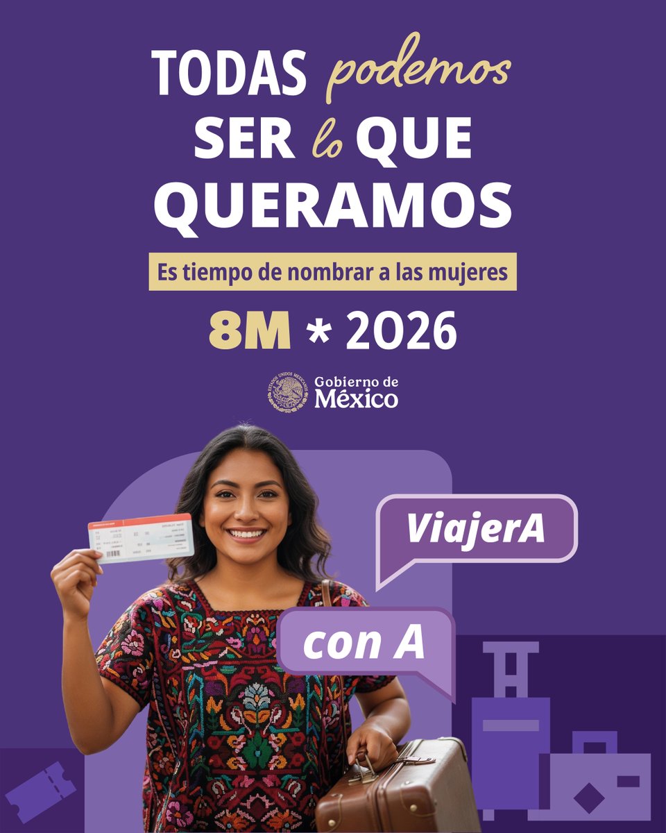 FinabienMex's tweet photo. Las mujeres podemos #SerLoQueQueramos 💜

🟣 ViajerA #ConA: es quien se atreve a descubrir nuevos destinos, conocer otras culturas y recorrer el mundo con curiosidad, valentía y libertad. ✈️🌎

En México, es tiempo de nombrar a las mujeres✨👩🇲🇽

@mujeresgobmx @SECTUR_mx 

#8M2026