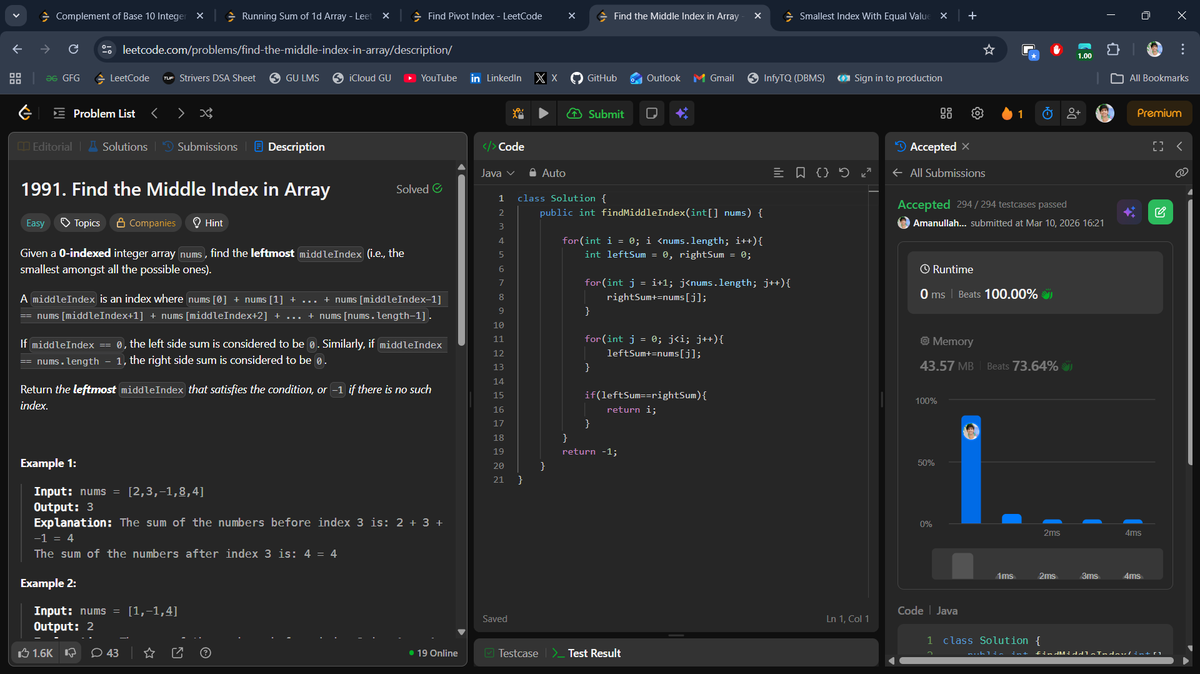 beingbashar06's tweet photo. #Day81 of #100DaysOfCodeChallenge

Focused on array traversal and prefix-sum style problems today.

• Complement of Base 10 Integer
• Running Sum of 1D Array
• Find Pivot Index
• Find the Middle Index in Array
• Smallest Index With Equal Value

Day 81 done ✅

#LeetCode #DSA https://t.co/KOZMAldhRb
