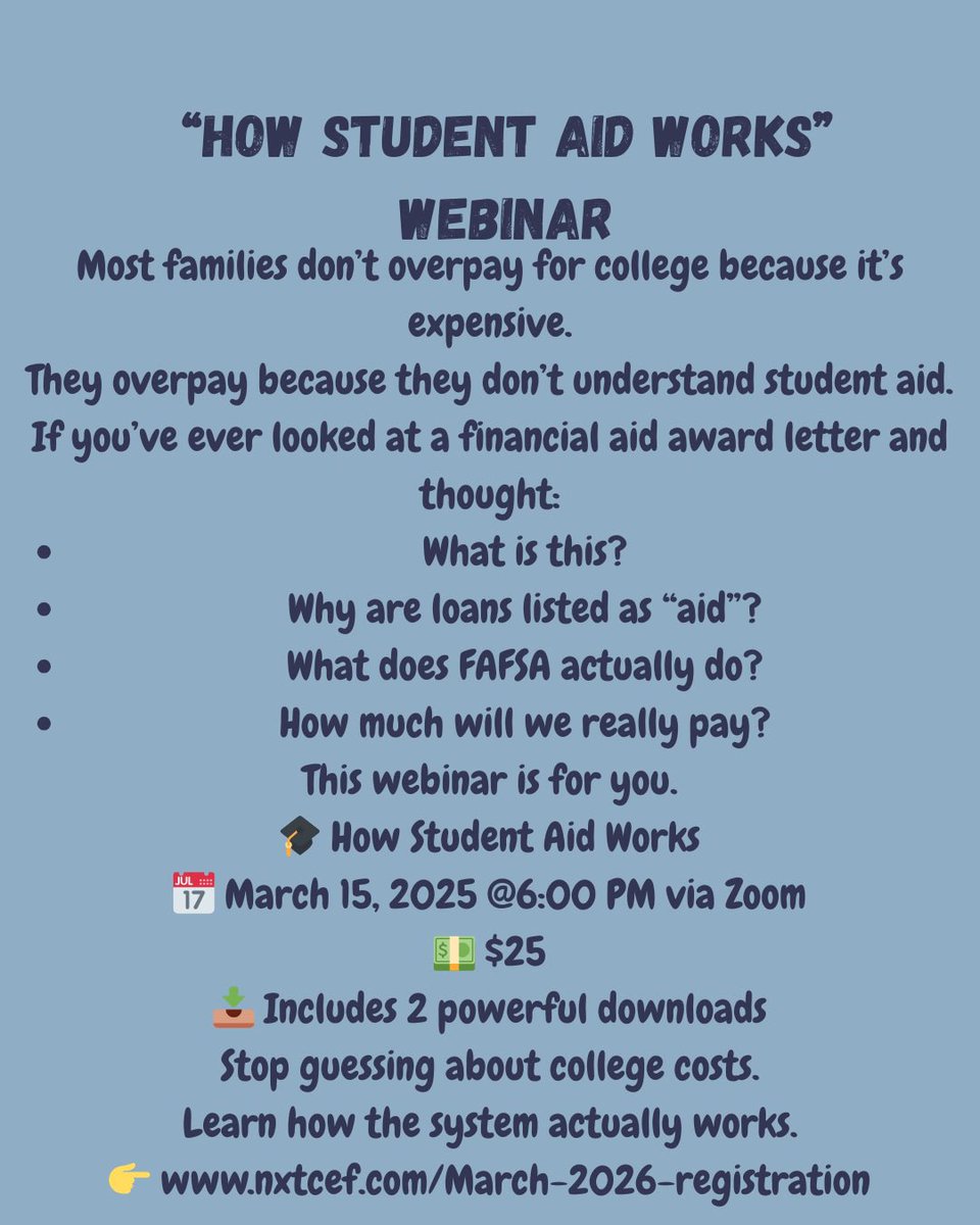 nextchapEDFDN's tweet photo. College has three numbers.

Only one of them actually matters.

1️⃣ Sticker Price
2️⃣ Net Price
3️⃣ Value

If you don’t know the difference, you could borrow thousands unnecessarily. Join me: CollegePrepLady 
#Stickerprice
# NetPrice
#Value
#NXTCEF https://t.co/r9Lp2lsgoY