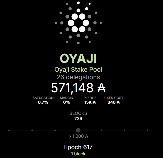 🇯🇵【OYAJI】
委任者の皆様いつも有難うございます!!
本日エポックは618へと移行しています▶️
今回も割当て1個ありました🧱

安定したブロック生成にはまだまだ委任量が足りない状況です。
皆様からのパワー、お待ちしています🙏

#暗号資産 ＃カルダノ #ADA