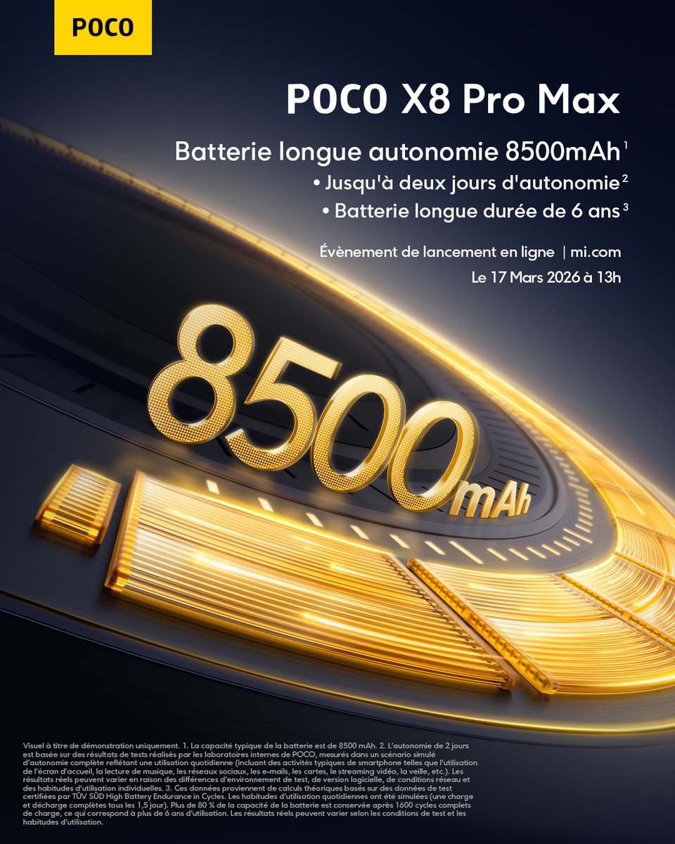 POCOFrance's tweet photo. 8500mAh. Oui, vous avez bien lu 🔋
Le #POCOX8ProMax est conçu pour ceux qui ne s'arrêtent jamais.

Oubliez le chargeur, vivez l'aventure 👉 https://t.co/oPJqv9g3WK https://t.co/699YJZ95yS