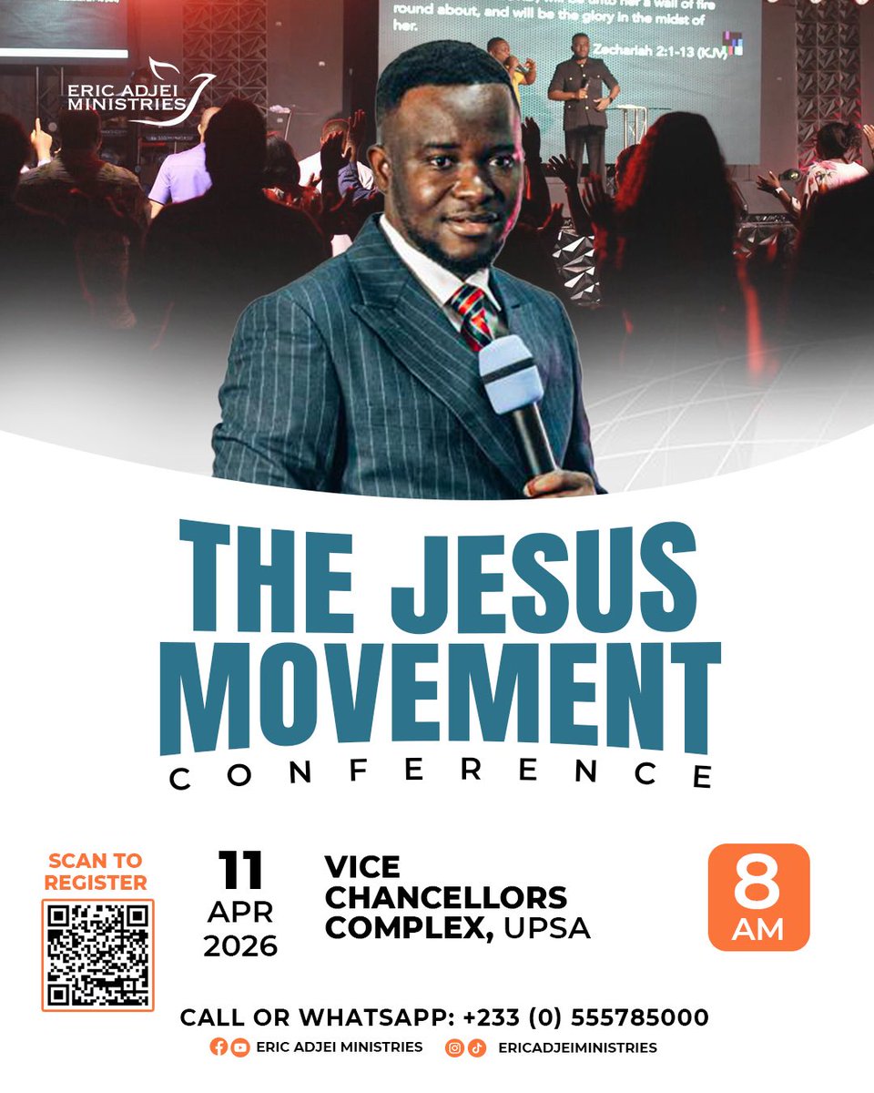 ericadjei_cgi's tweet photo. KNUST experienced itβ¦ now UPSA is nextπ«΅πΎπ₯
The Jesus Movement Conference is coming to campus.
π Vice Chancellors Complex, UPSA
π
11 April 2026
β° 8 AM
A generation is rising.
UPSA, prepare for what God is about to do!
#ericadjeiministries #thejesusmovement https://t.co/2TohlrPGDB