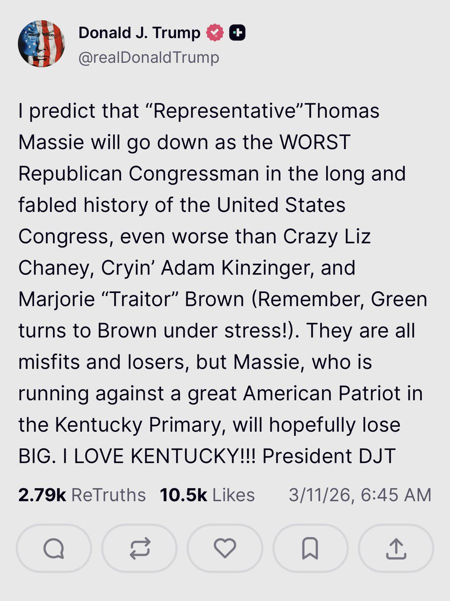 case_dixon's tweet photo. Six years ago, @MassieforKY stood alone in Congress opposing the CARES Act — trillions in spending and one of the most inflationary bills in modern history.

Now the President says Massie will go down as the worst Republican Congressman in history.

History will say otherwise. https://t.co/WlVMV6ZPQV