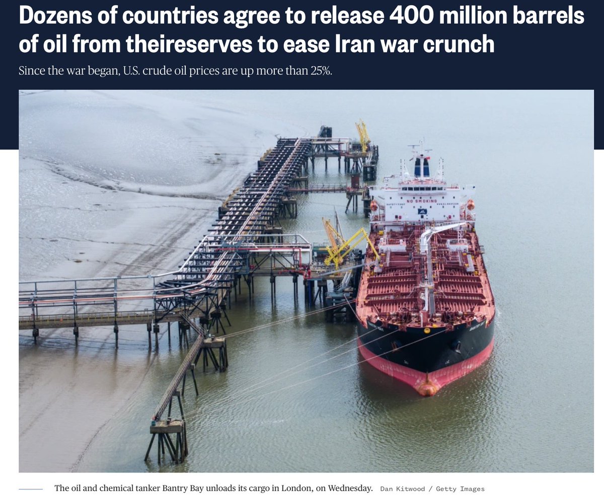 The International Energy Agency just approved releasing 400 million barrels of oil from emergency reserves.

That is the largest emergency release in the history of the organization. 

Bigger than anything seen during the Russia–Ukraine war or the Arab oil embargo era.

They did