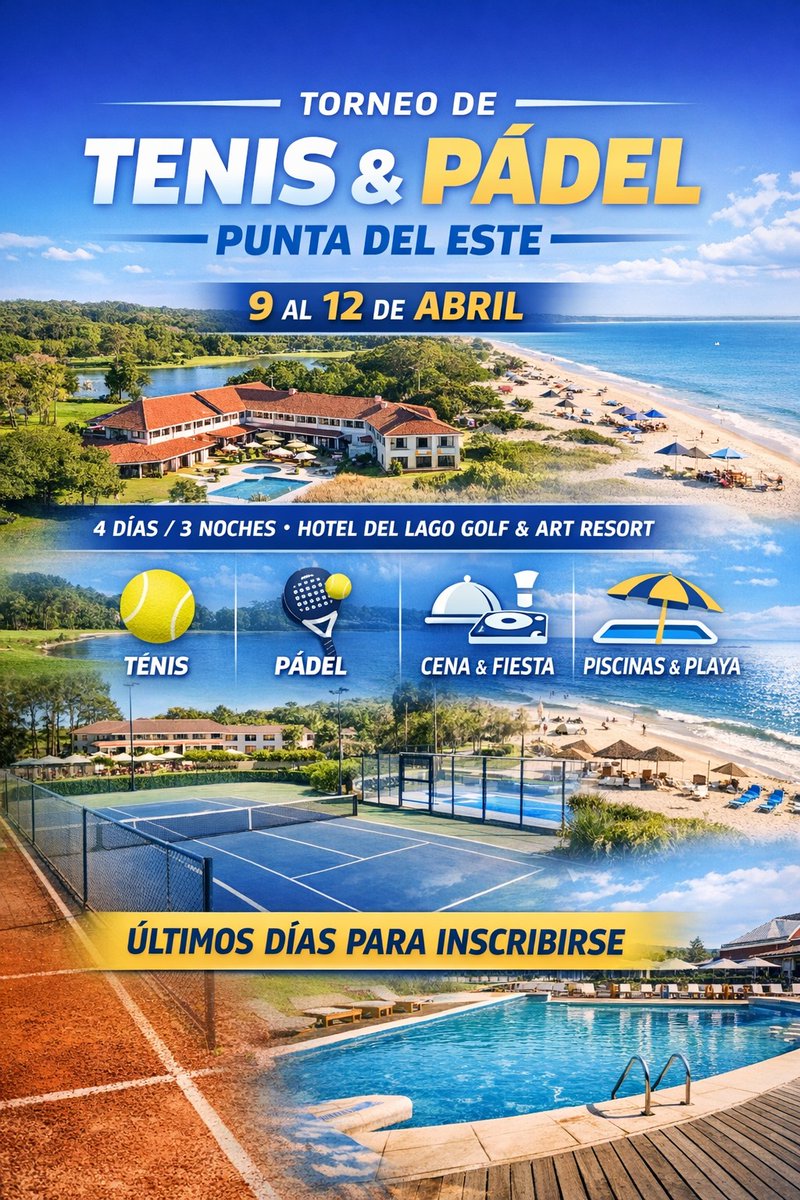 RunaRankUnico's tweet photo. ¿Te imaginás competir en Punta del Este, jugar de día y brindar frente al mar a la noche?
Del 9 al 12 de abril tenés la oportunidad de vivir un torneo amateur de tenis y pádel en uno de los destinos más exclusivos de Sudamérica.
Los cupos son limitados WhatsApp +54 9 11 3881 2478 https://t.co/4DRLYjdrw3